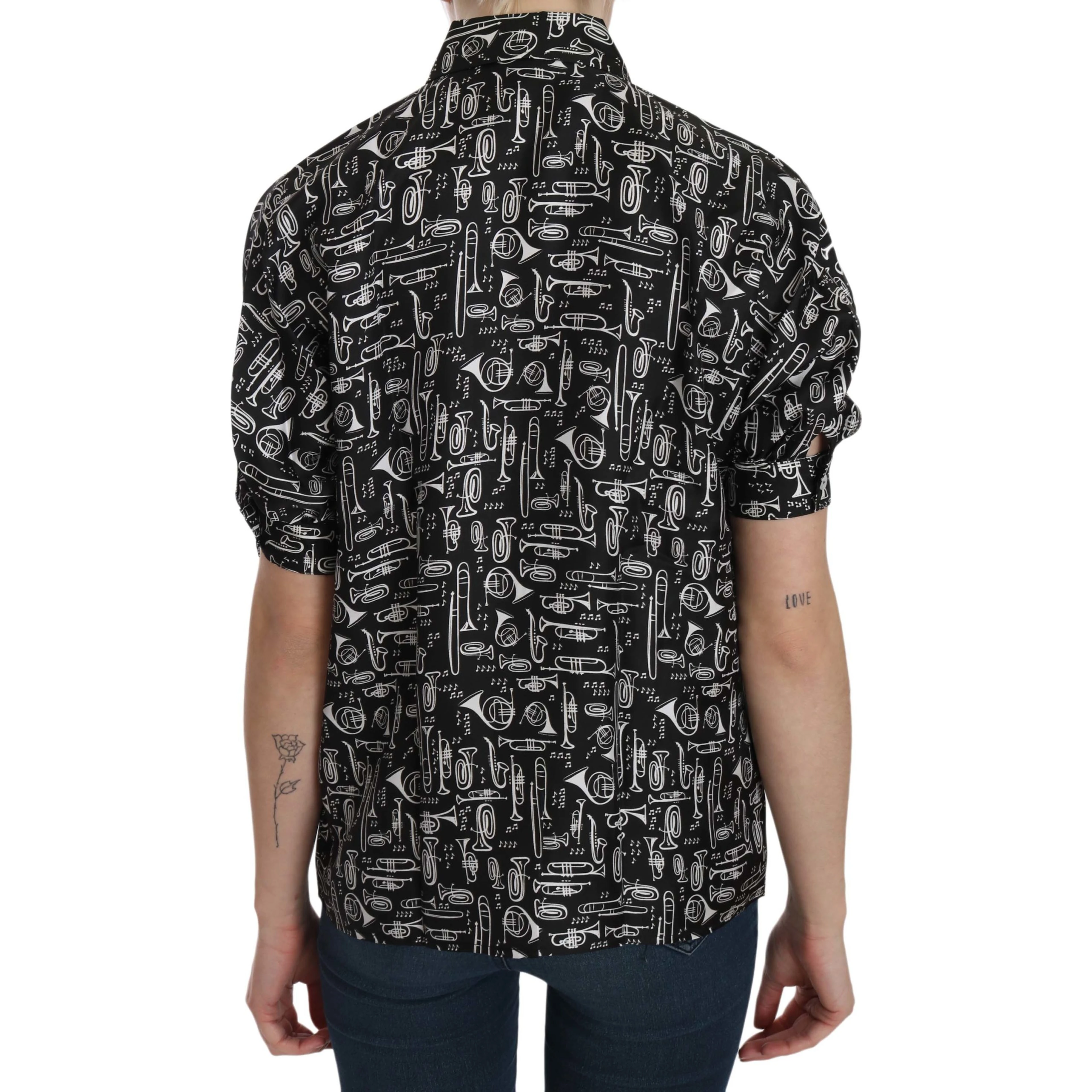 Black Musical Instrument Collared Blouse Shirt