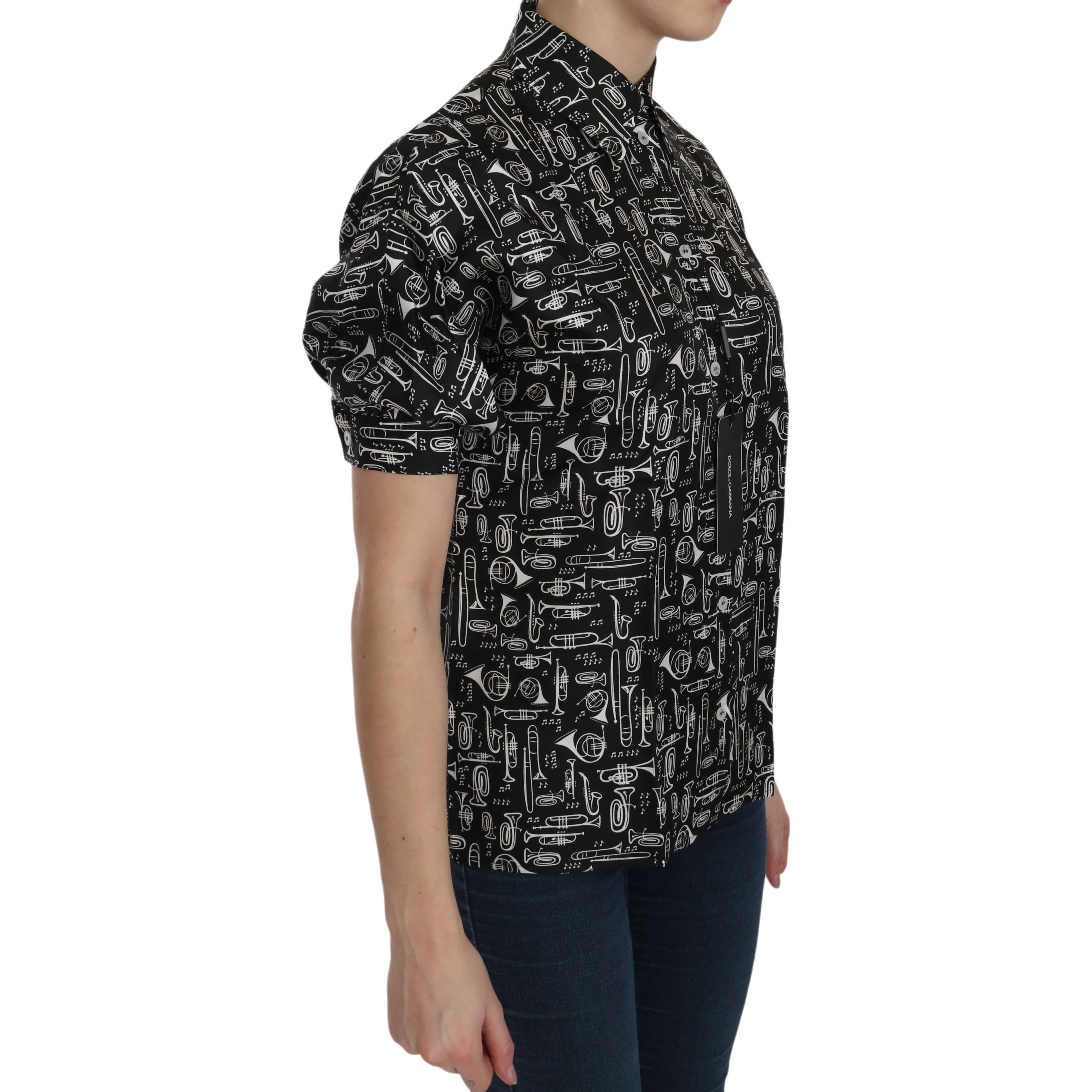Black Musical Instrument Collared Blouse Shirt