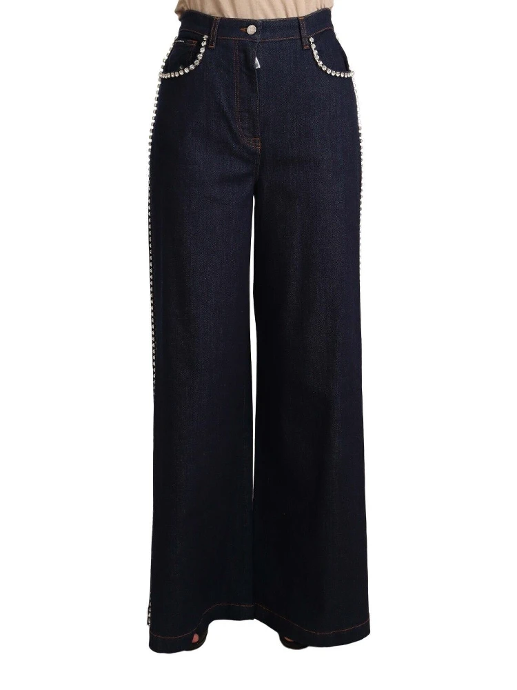Dark Blue Crystal Embellished Flare Jeans