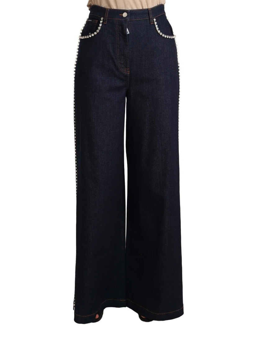Dark Blue Crystal Embellished Flare Jeans