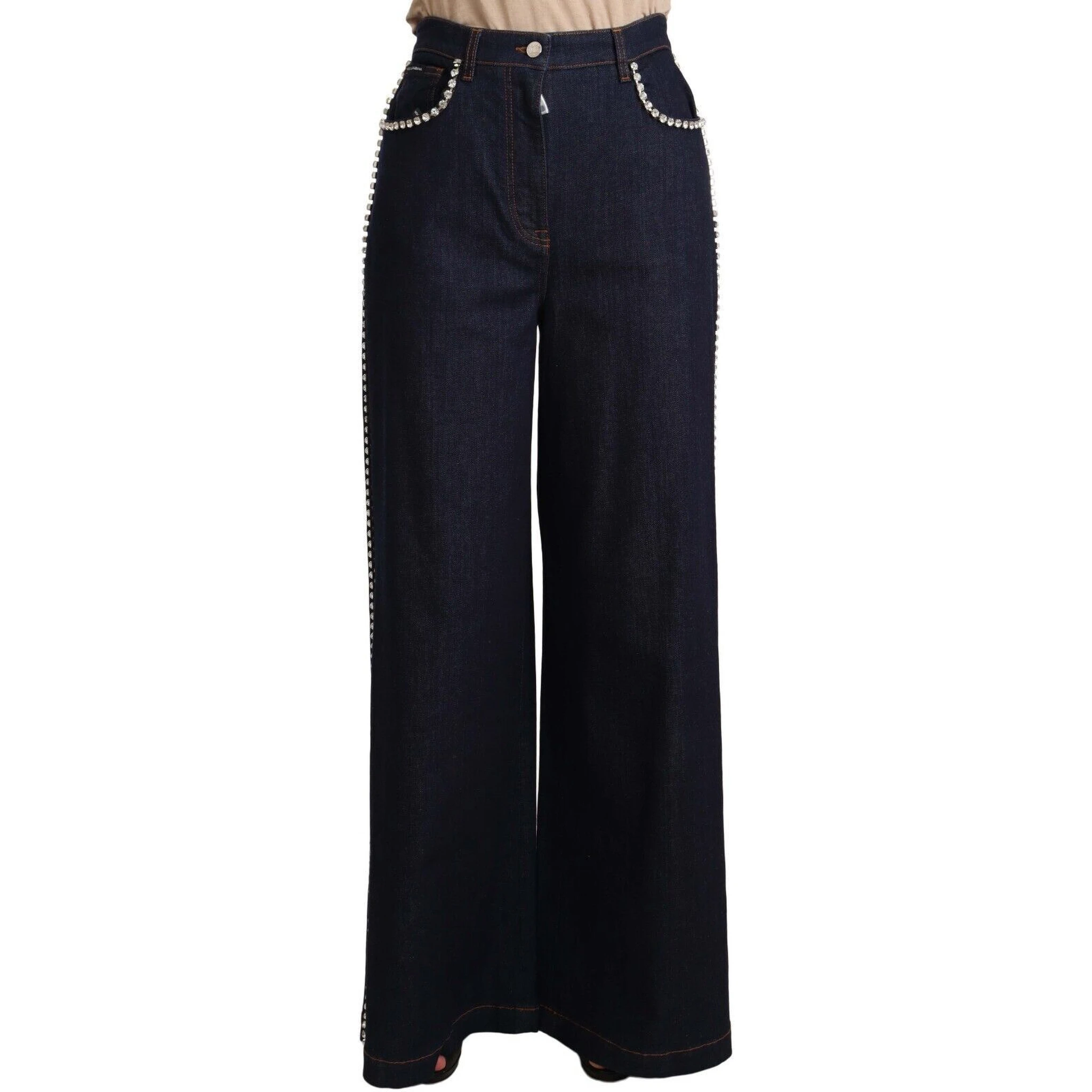 Dark Blue Crystal Embellished Flare Jeans