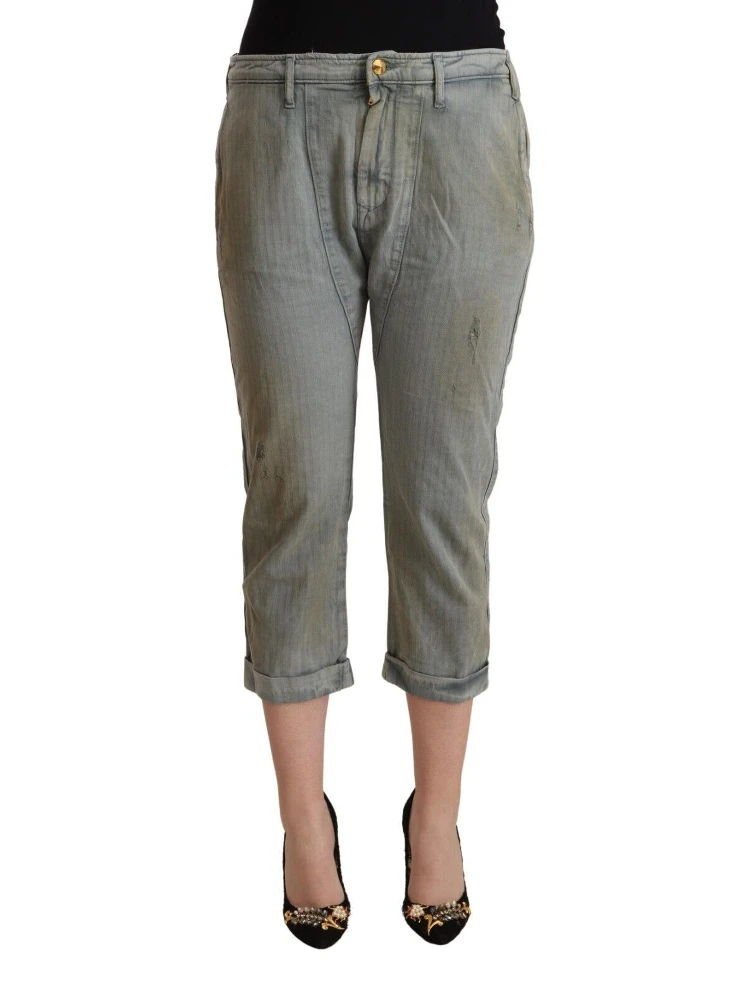 Gray 100% Cotton Mid Waist Skinny Cropped Pants