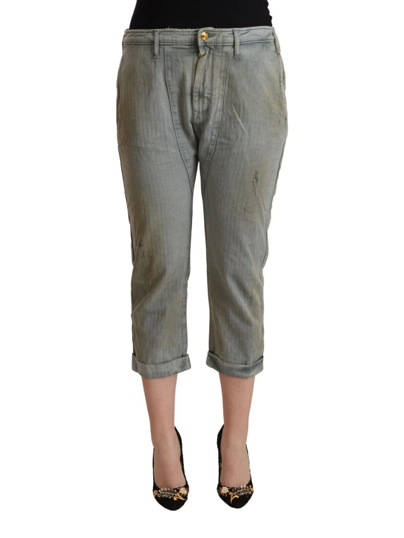Gray 100% Cotton Mid Waist Skinny Cropped Pants