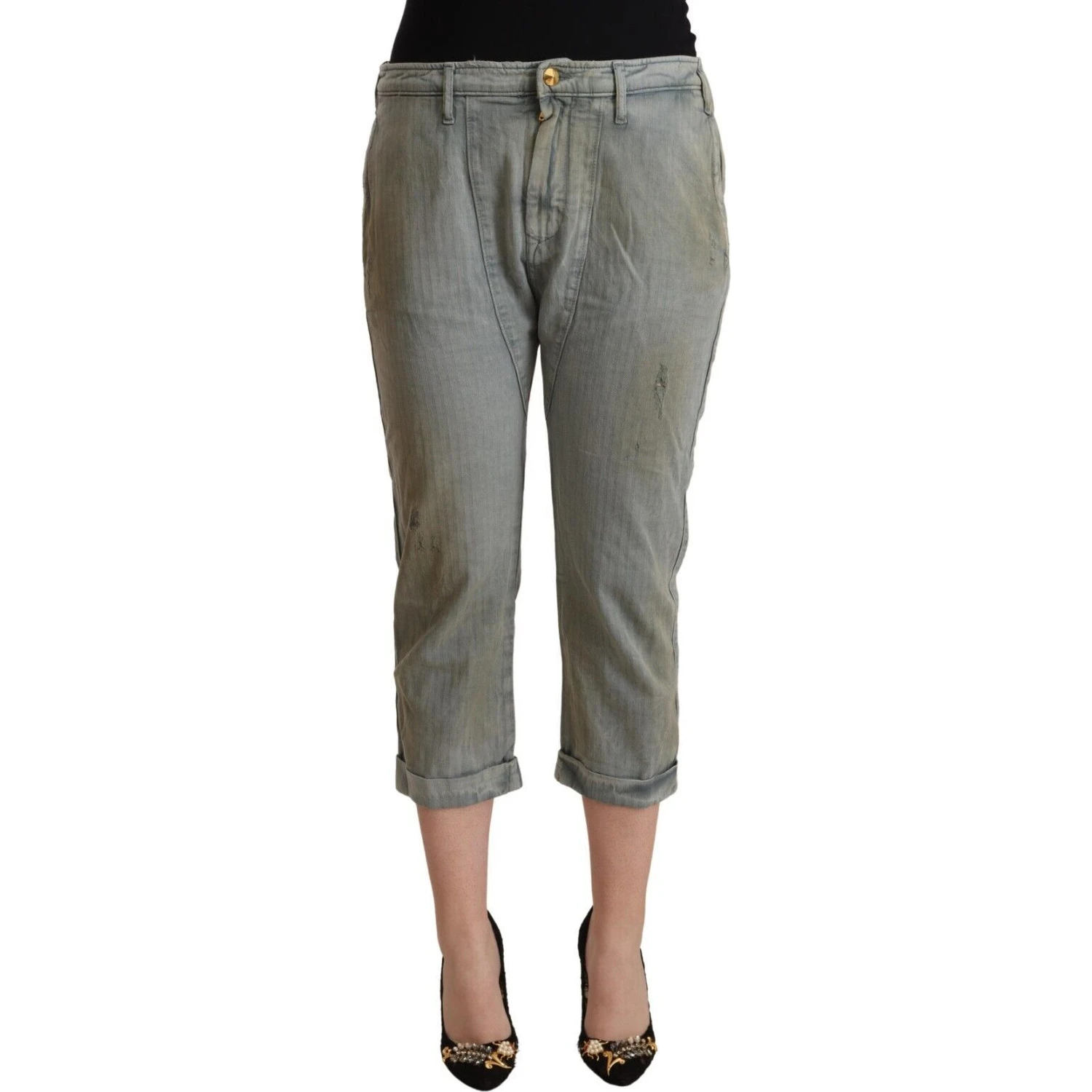 Gray 100% Cotton Mid Waist Skinny Cropped Pants
