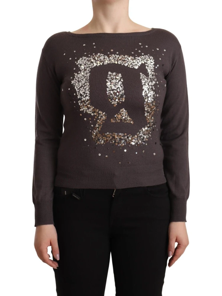 Brown Wool Sequined Long Sleeves Pullover Sweater