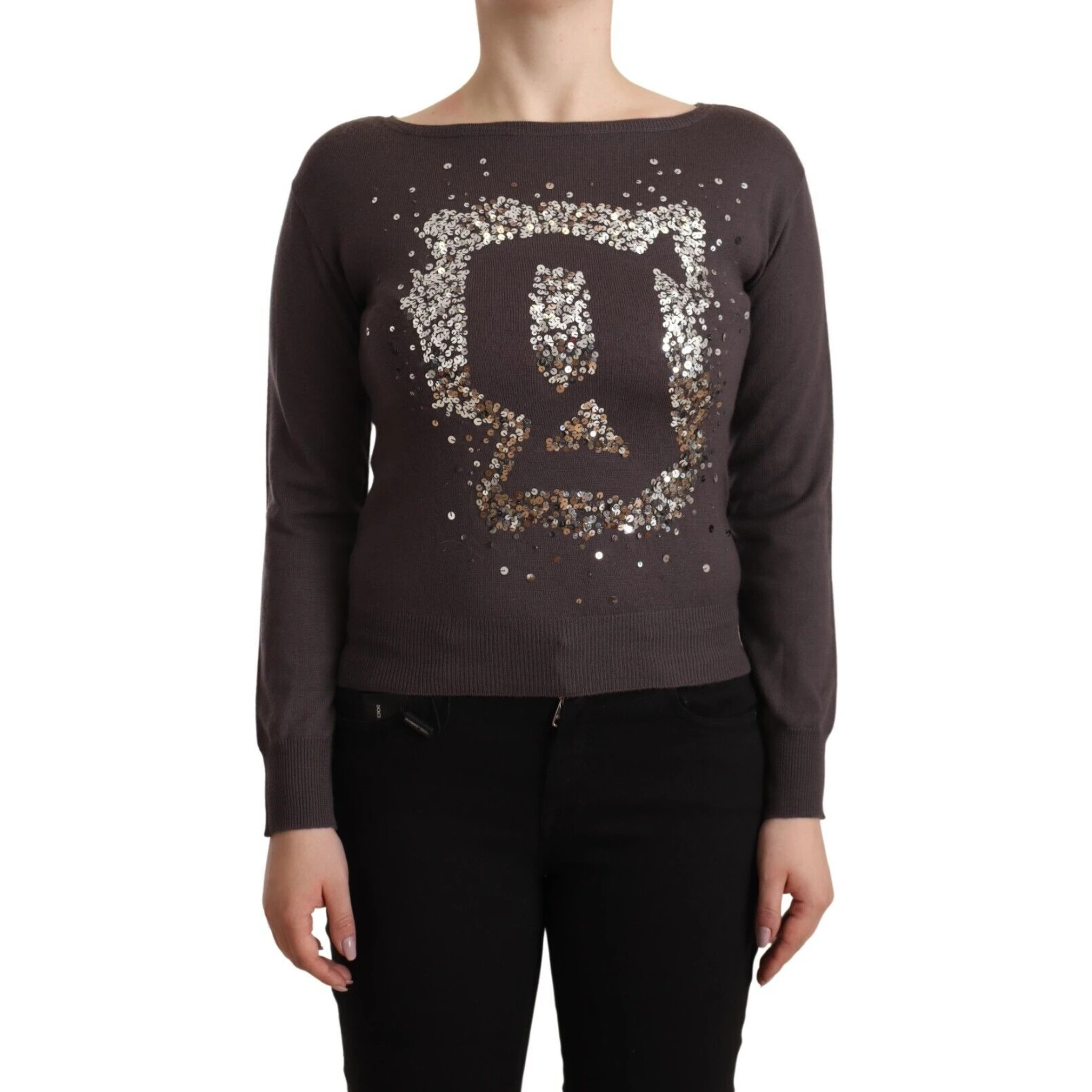 Brown Wool Sequined Long Sleeves Pullover Sweater