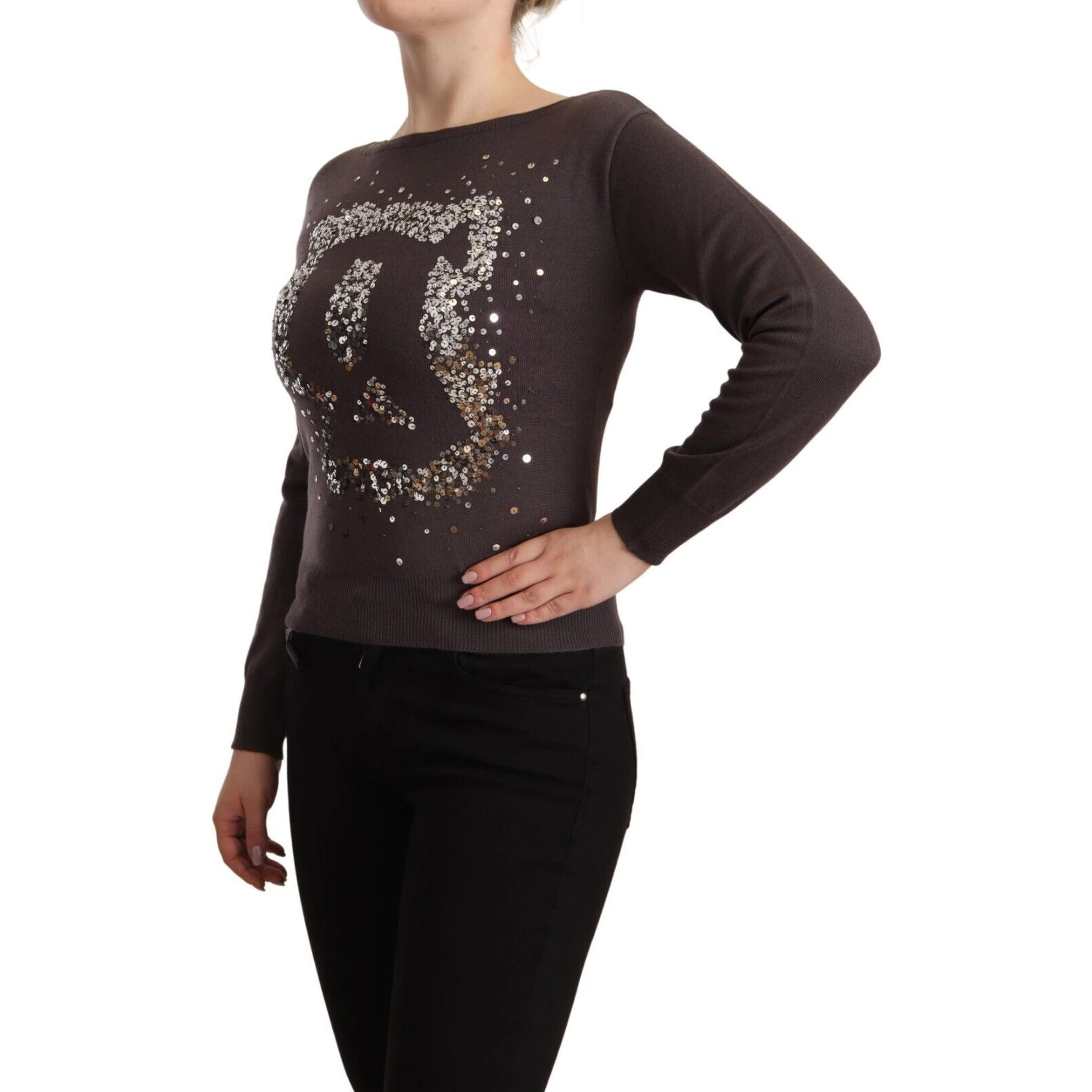 Brown Wool Sequined Long Sleeves Pullover Sweater