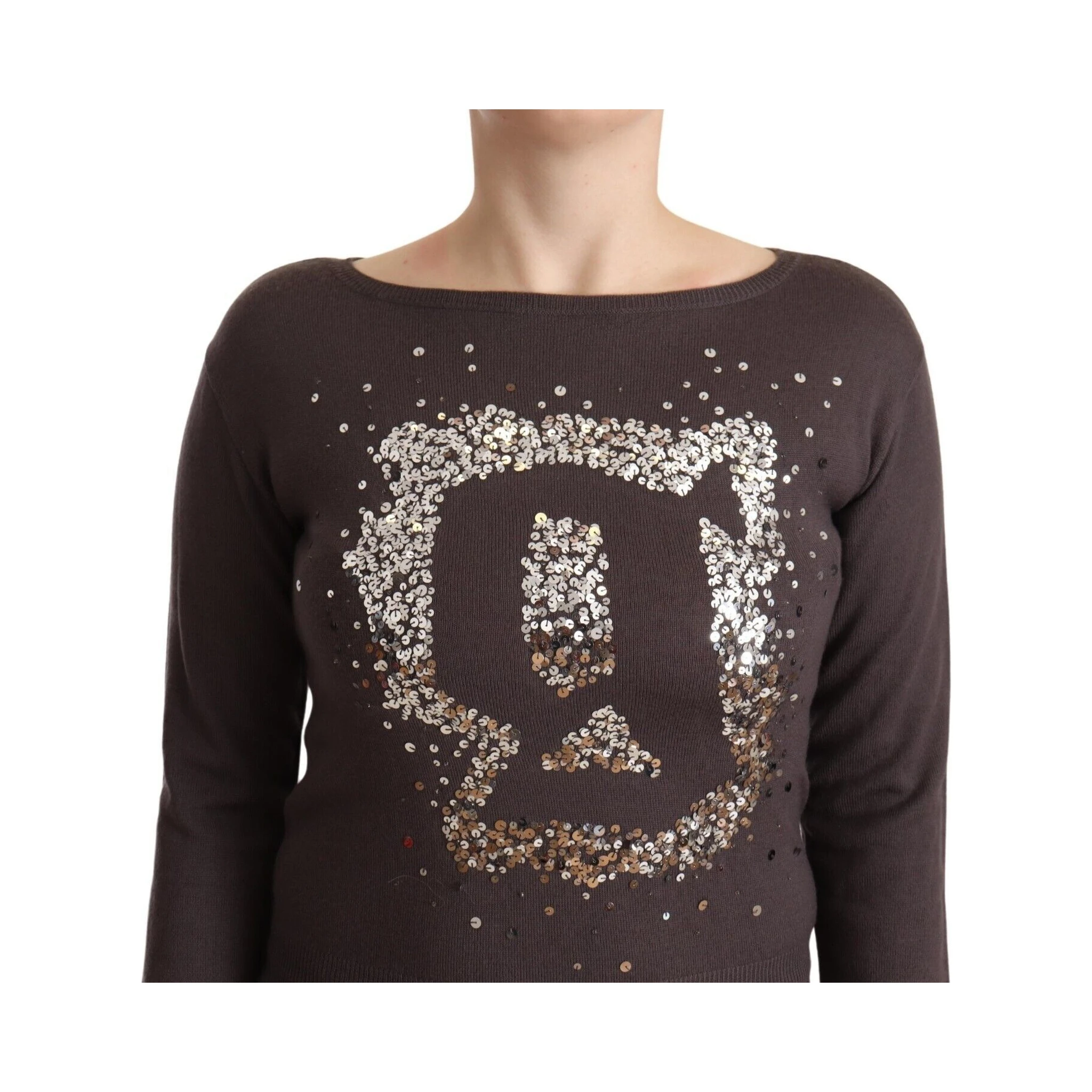 Brown Wool Sequined Long Sleeves Pullover Sweater