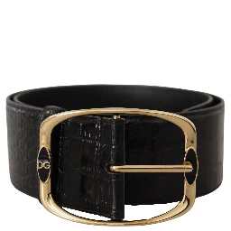 Black Crocodile Print Gold Metal DG Logo Buckle Belt
