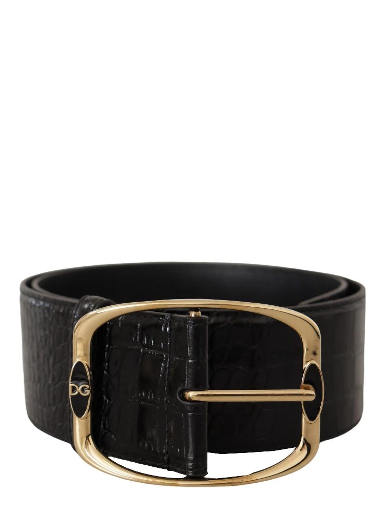 Black Crocodile Print Gold Metal DG Logo Buckle Belt