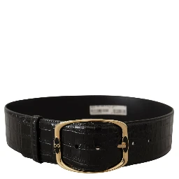 Black Crocodile Print Gold Metal DG Logo Buckle Belt