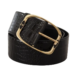 Black Crocodile Print Gold Metal DG Logo Buckle Belt