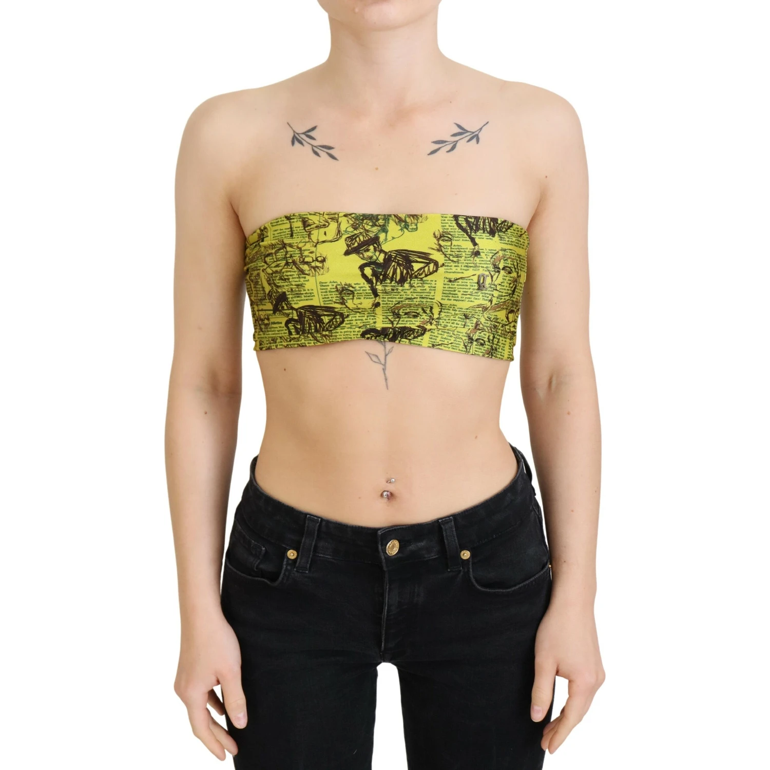 Yellow Newspaper Print Cropped Blouse