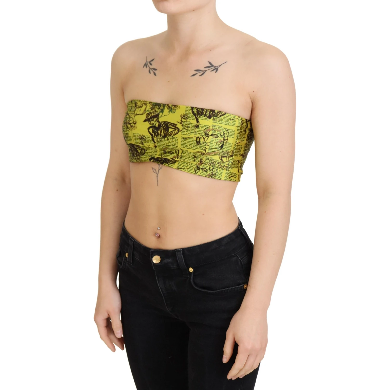 Yellow Newspaper Print Cropped Blouse