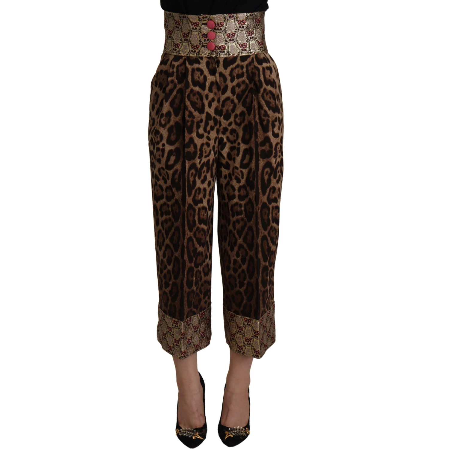 Brown Leopard Gold Jacquard High Waist Pants