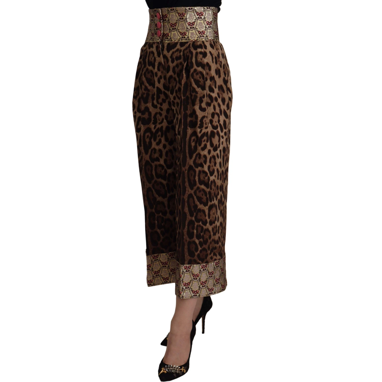 Brown Leopard Gold Jacquard High Waist Pants