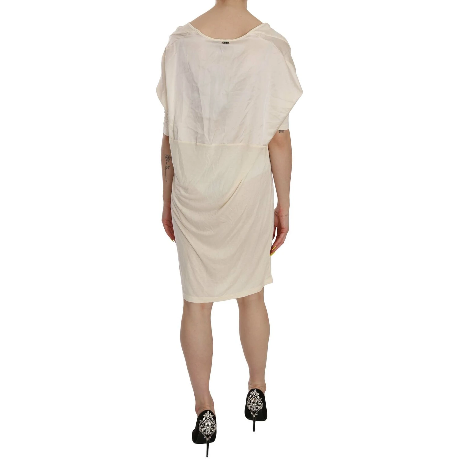 Cream Round Neck Knee Length Dress