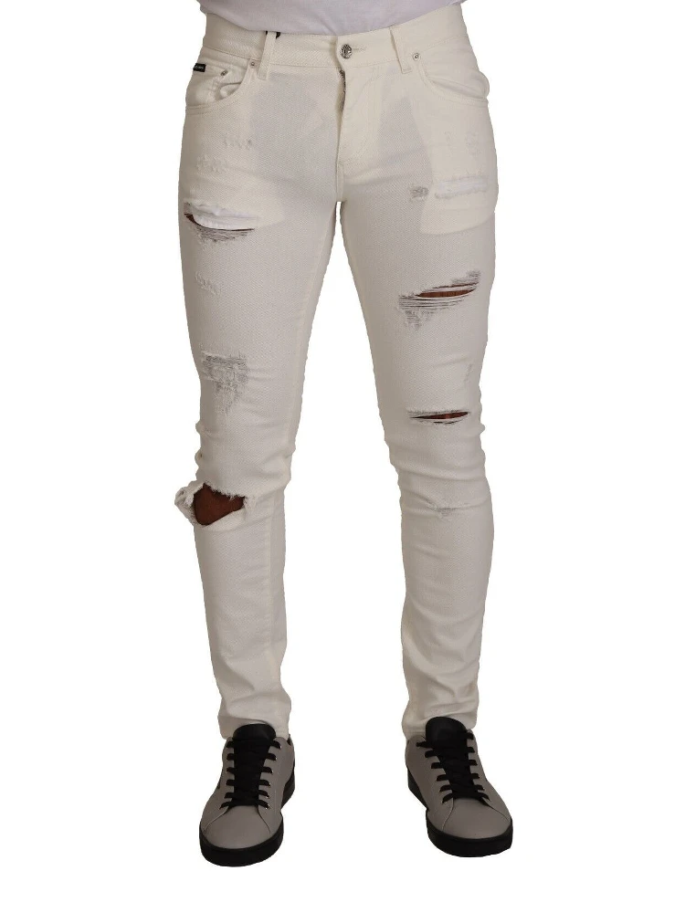 White Tattered Skinny Cotton Men Denim Jeans