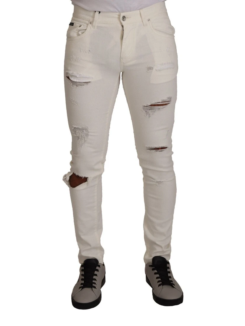 White Tattered Skinny Cotton Men Denim Jeans