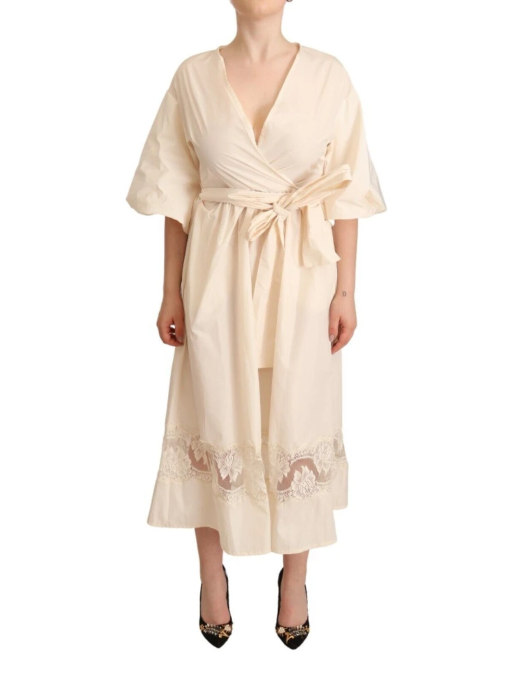 Off White Short Sleeves Maxi A-line Wrap Dress
