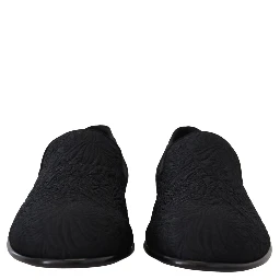 Black Floral Jacquard Slippers Loafers Shoes