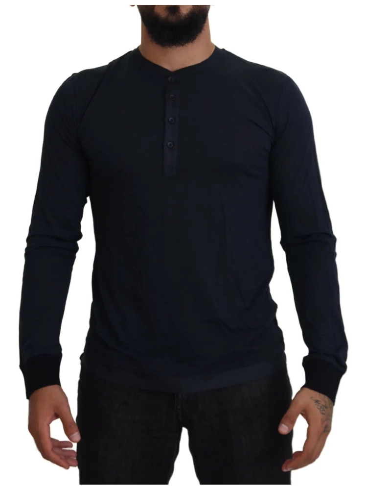 Blue Cotton Button Crewneck Pullover Sweater