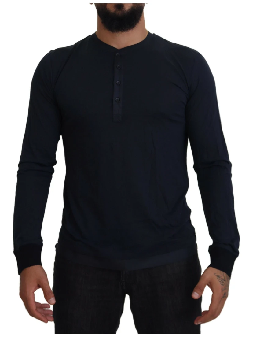 Blue Cotton Button Crewneck Pullover Sweater