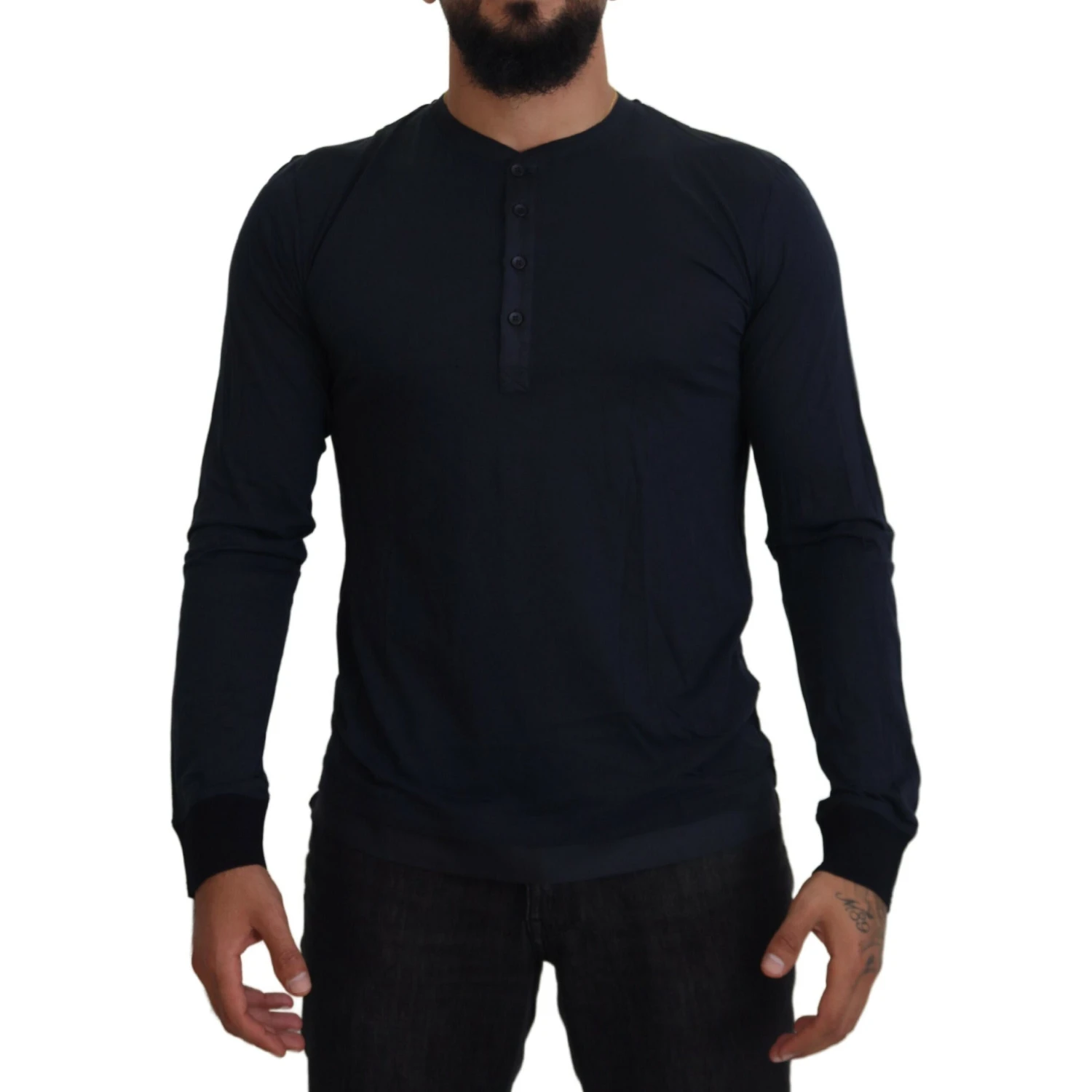 Blue Cotton Button Crewneck Pullover Sweater