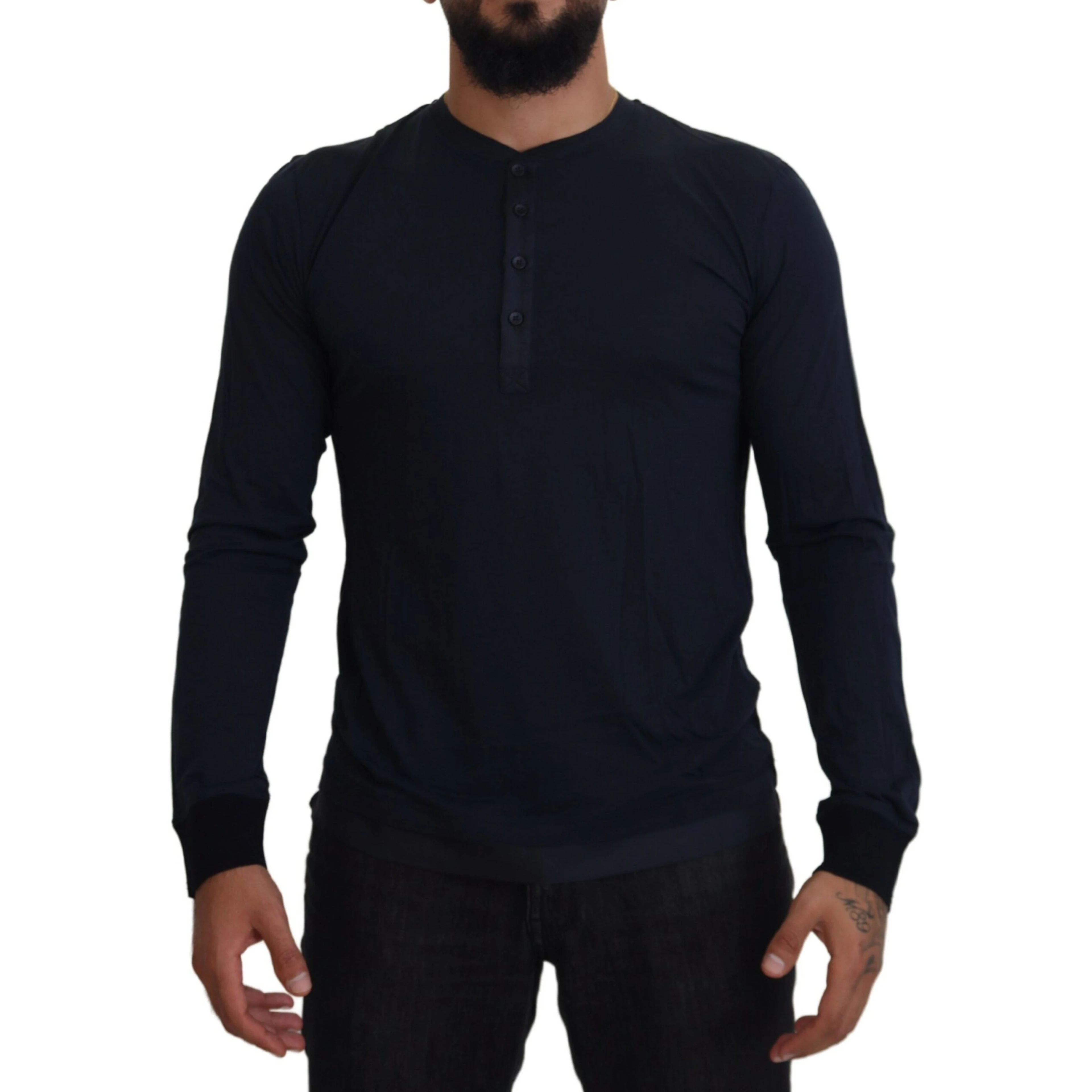 Blue Cotton Button Crewneck Pullover Sweater