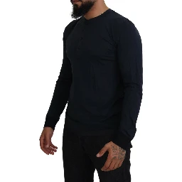 Blue Cotton Button Crewneck Pullover Sweater