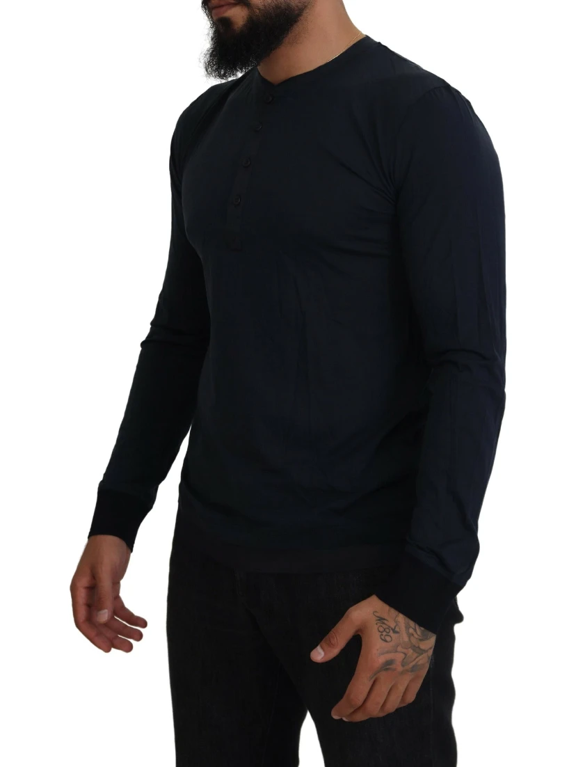 Blue Cotton Button Crewneck Pullover Sweater