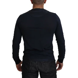 Blue Cotton Button Crewneck Pullover Sweater