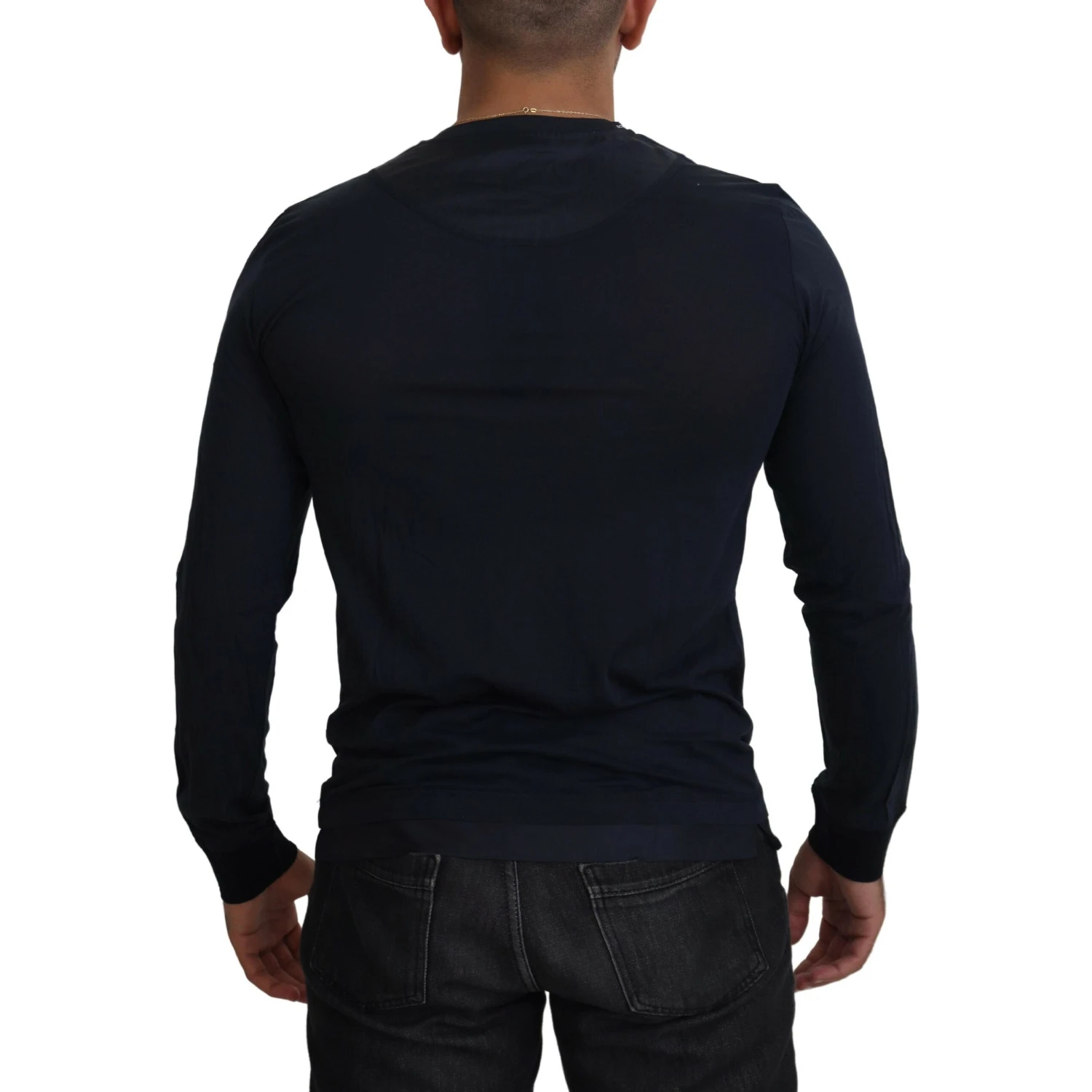 Blue Cotton Button Crewneck Pullover Sweater