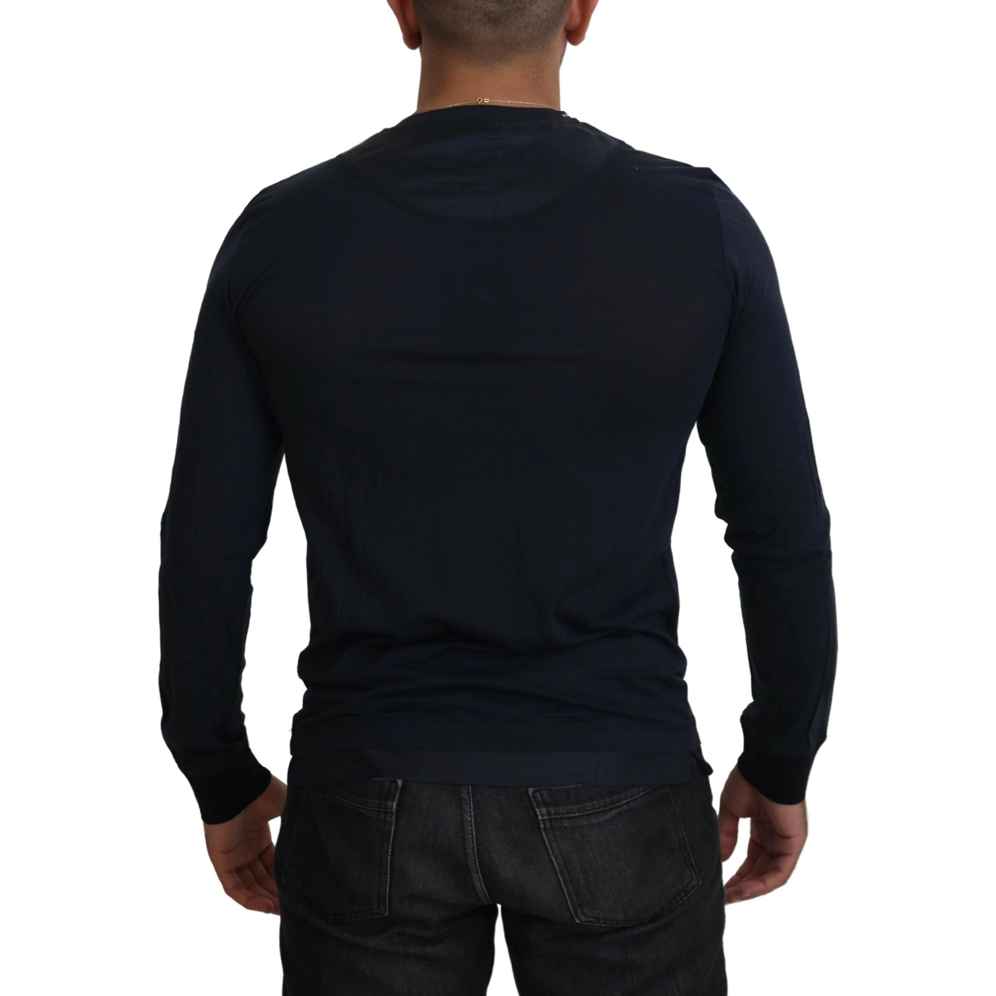 Blue Cotton Button Crewneck Pullover Sweater