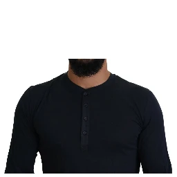 Blue Cotton Button Crewneck Pullover Sweater