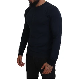 Blue Cotton Button Crewneck Pullover Sweater