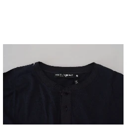 Blue Cotton Button Crewneck Pullover Sweater