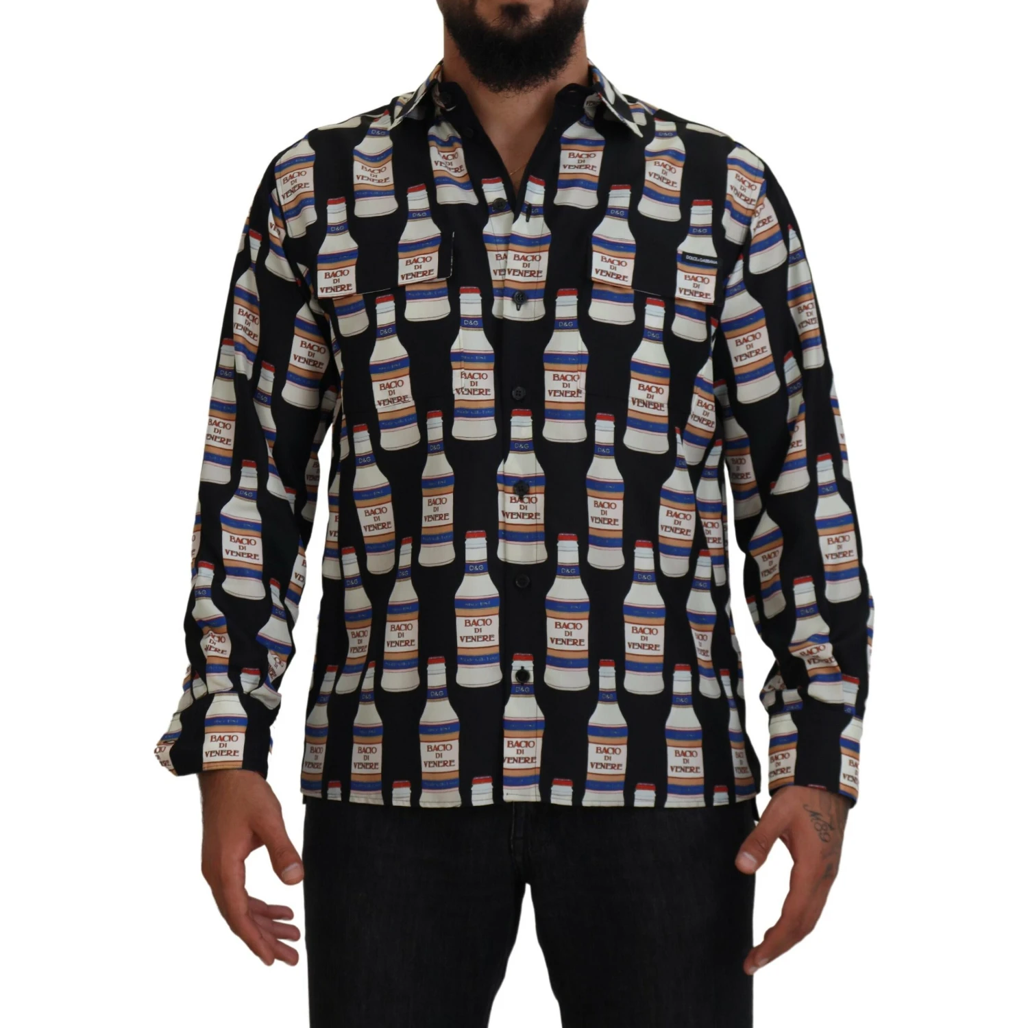Black Silk Printed Collared Men Casual Shirt