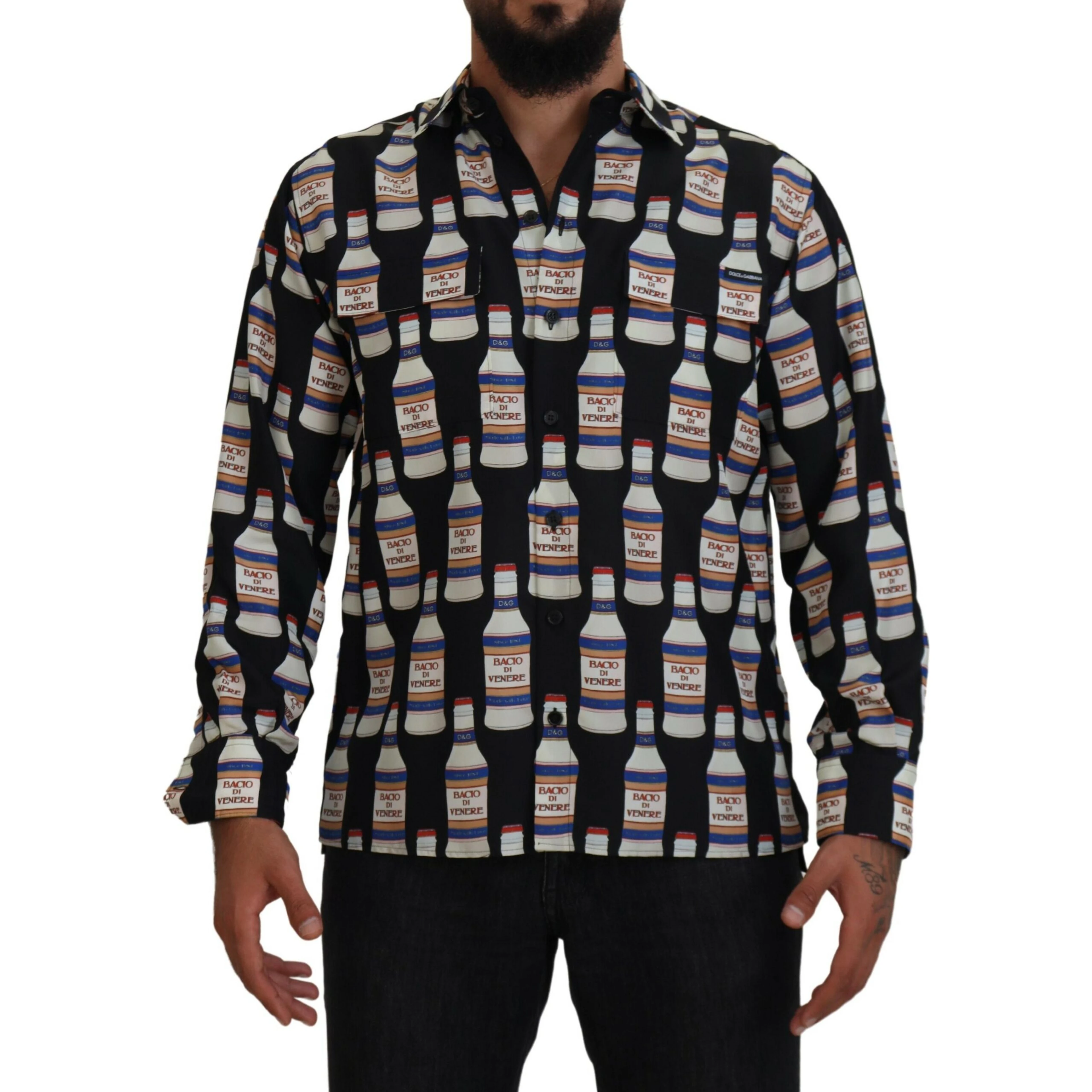 Black Silk Printed Collared Men Casual Shirt