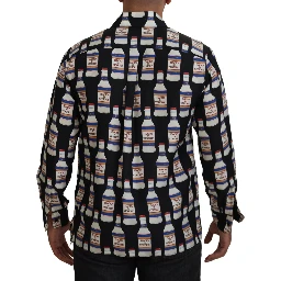 Black Silk Printed Collared Men Casual Shirt