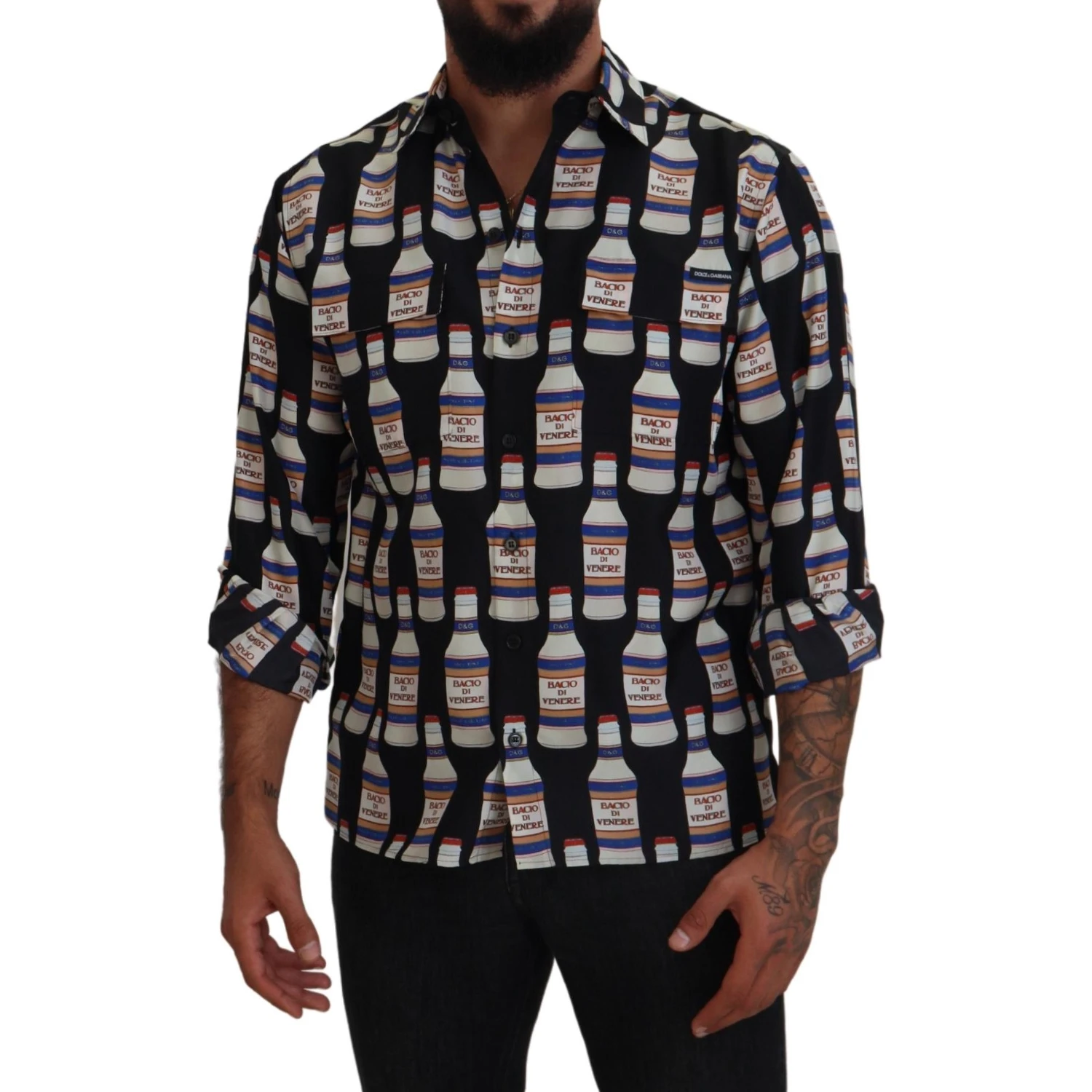 Black Silk Printed Collared Men Casual Shirt