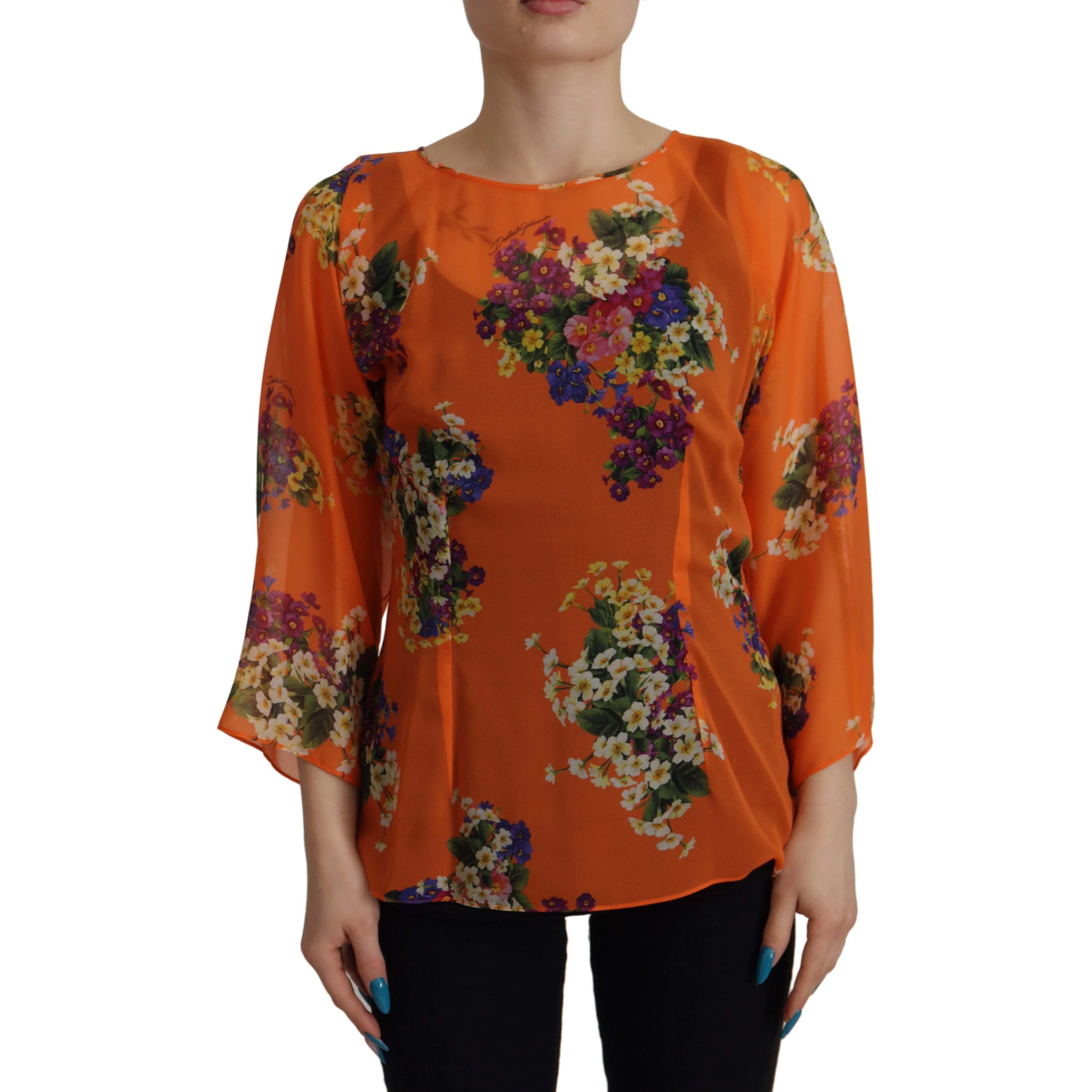 Orange Floral Print Long Sleeve Blouse