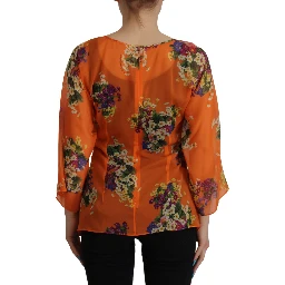 Orange Floral Print Long Sleeve Blouse