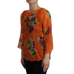 Orange Floral Print Long Sleeve Blouse