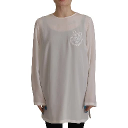 White Silk DG Logo Embroidered Long Sleeves Blouse