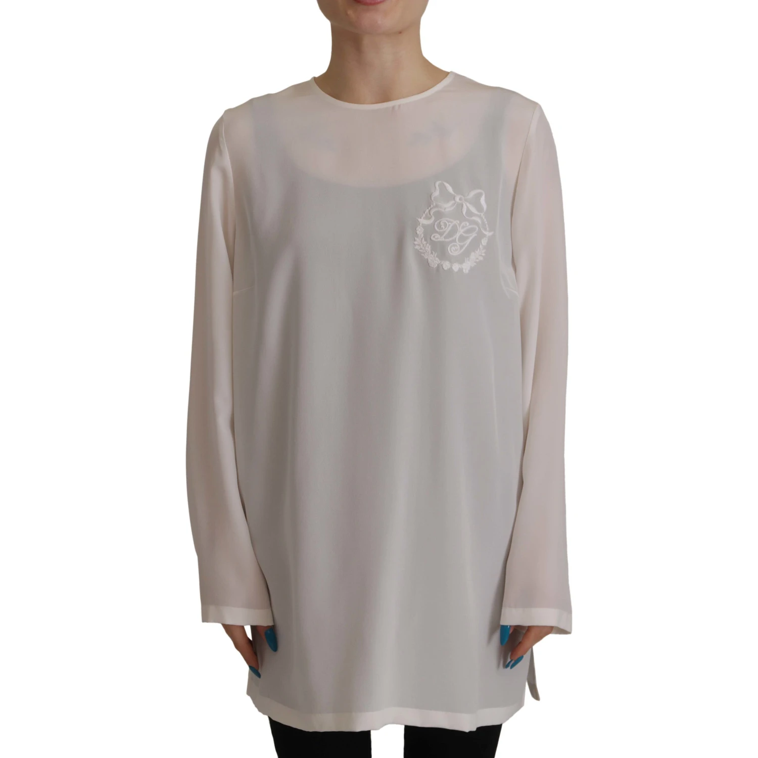 White Silk DG Logo Embroidered Long Sleeves Blouse