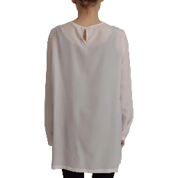 White Silk DG Logo Embroidered Long Sleeves Blouse