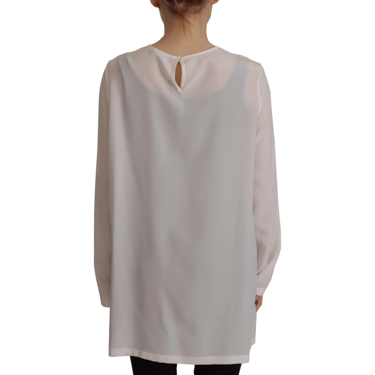 White Silk DG Logo Embroidered Long Sleeves Blouse