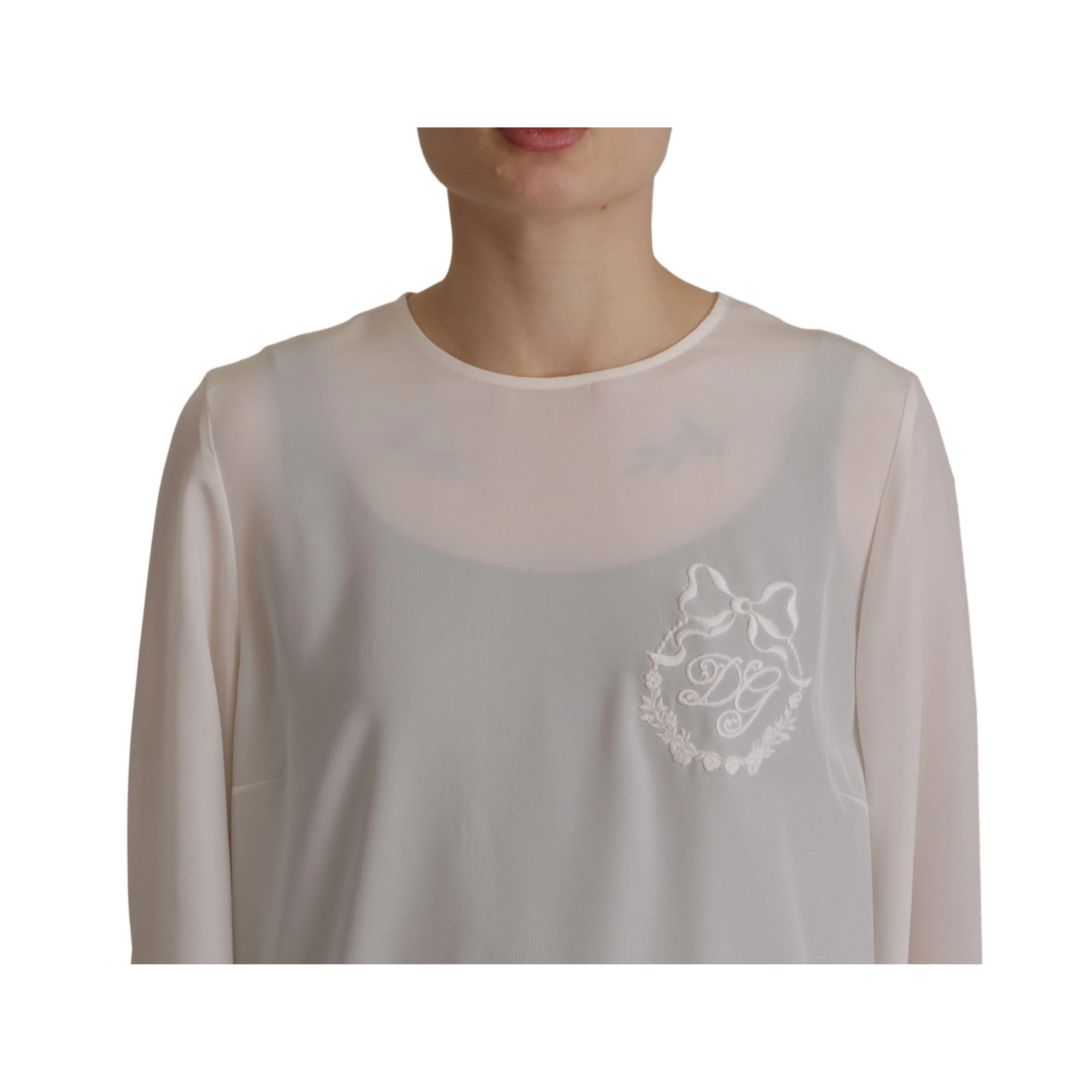 White Silk DG Logo Embroidered Long Sleeves Blouse