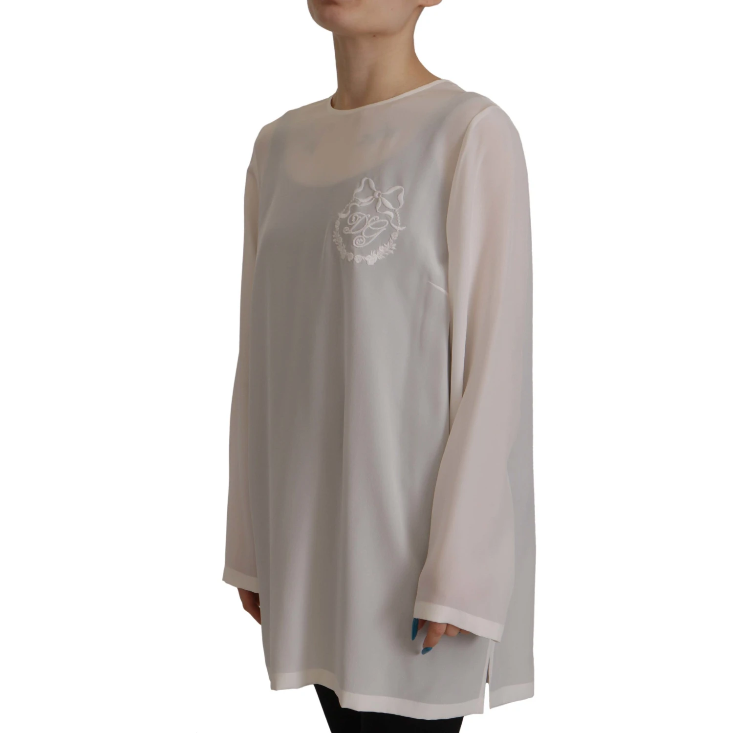 White Silk DG Logo Embroidered Long Sleeves Blouse